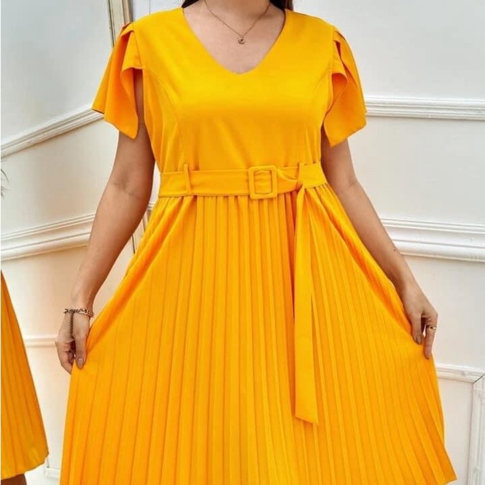 Bright Yellow Pleated Belted Women’s Dress